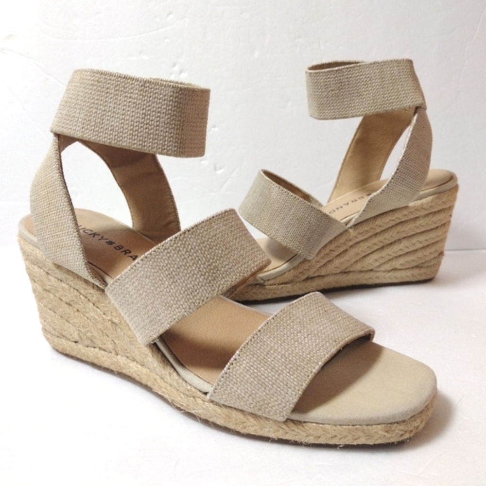Lucky Brand Women's Mindara Woven Espadrille Wedge Ankle Band Sandals 7.5 Beige